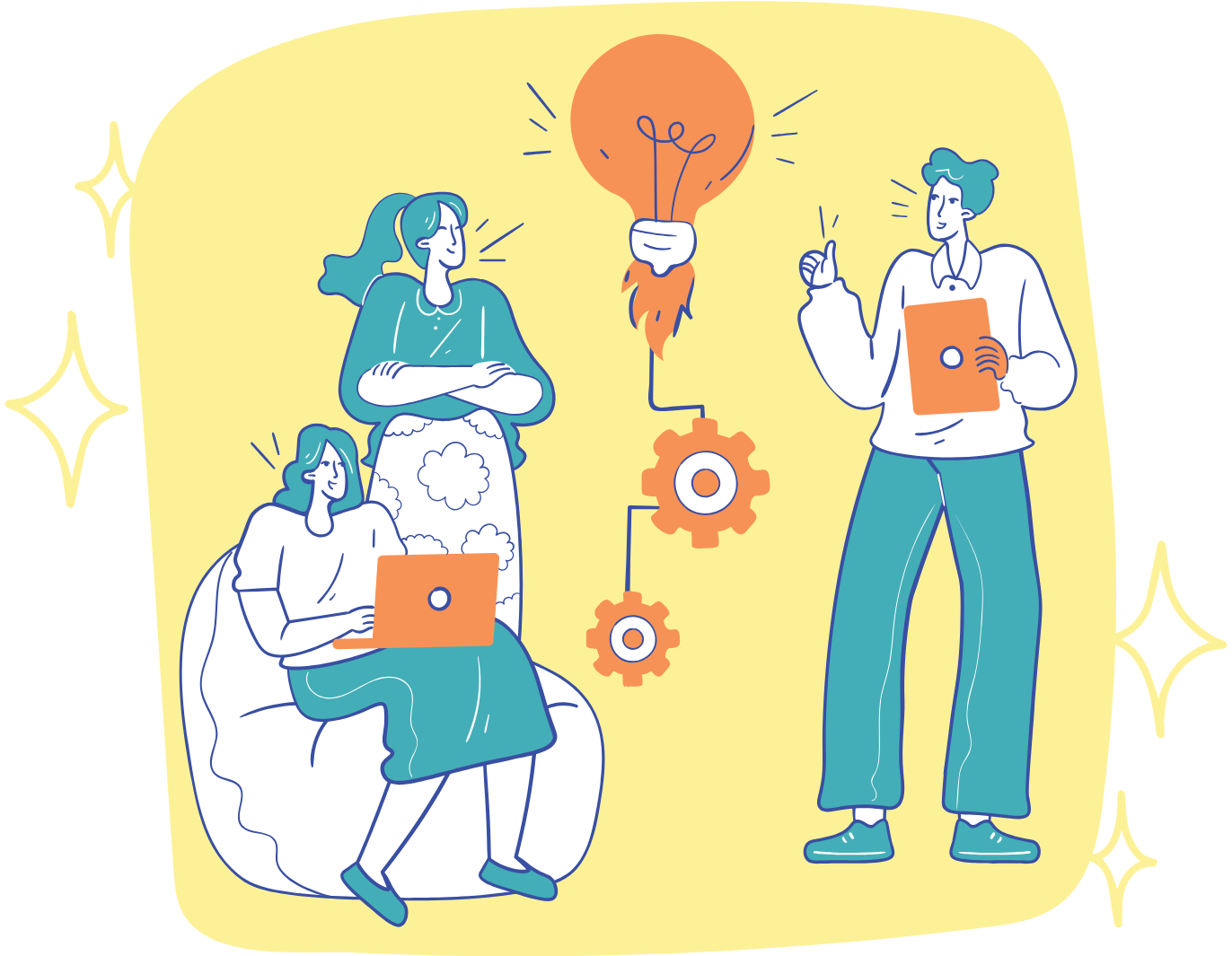 A colorful illustration of two women intently listening to a man sharing his ideas from a tablet.