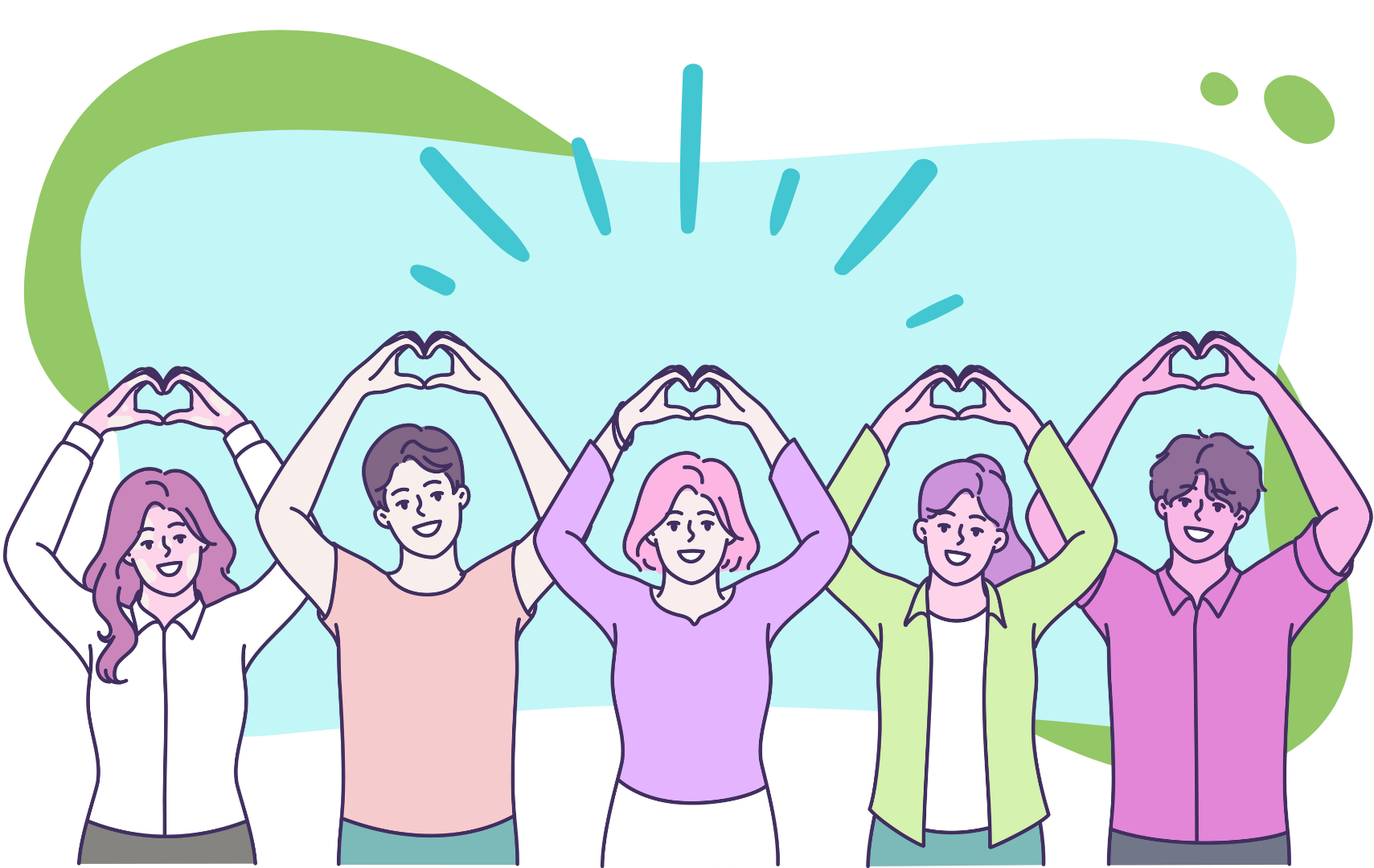 A colorful illustration of five people forming a heart shape with their hands in a show of appreciation.