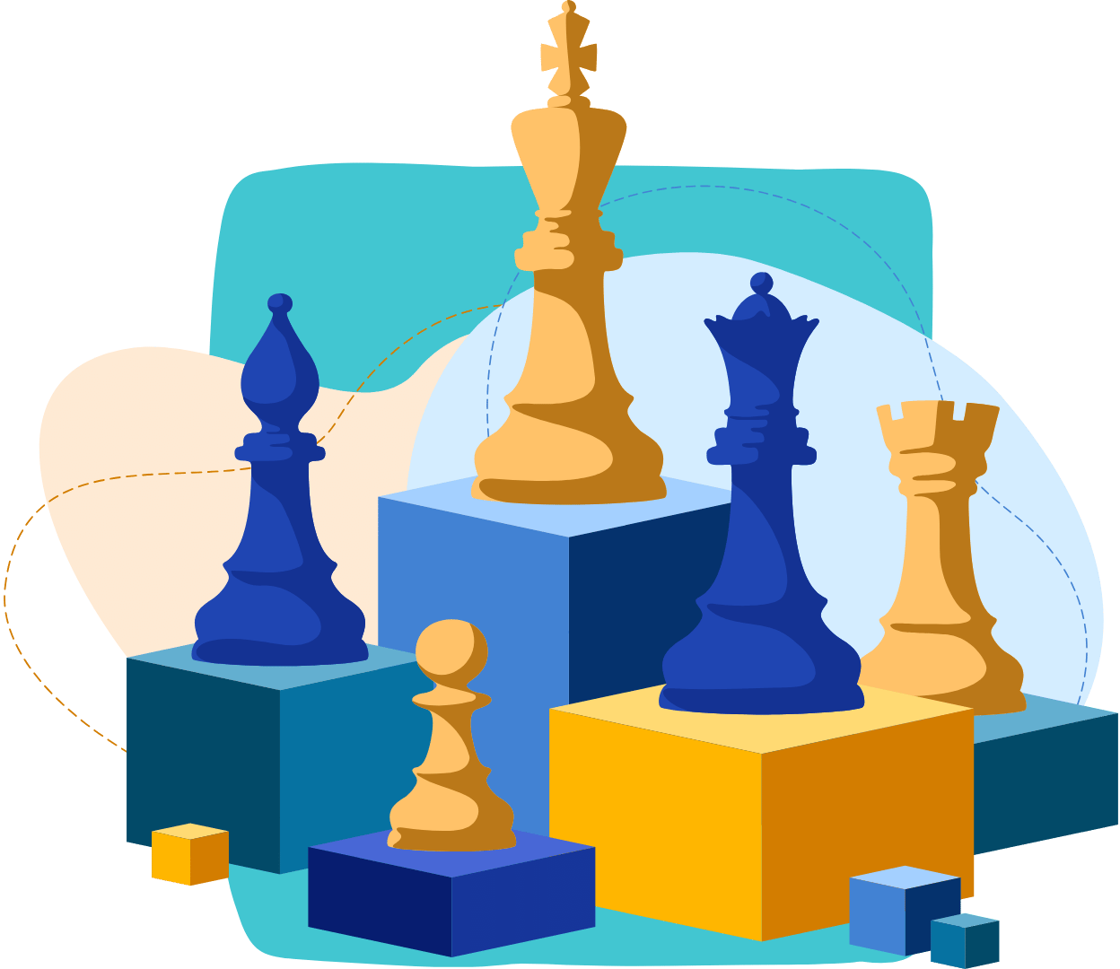 A colorful illustration of a golden king chess piece on a raised platform surrounded by various other chess pieces.