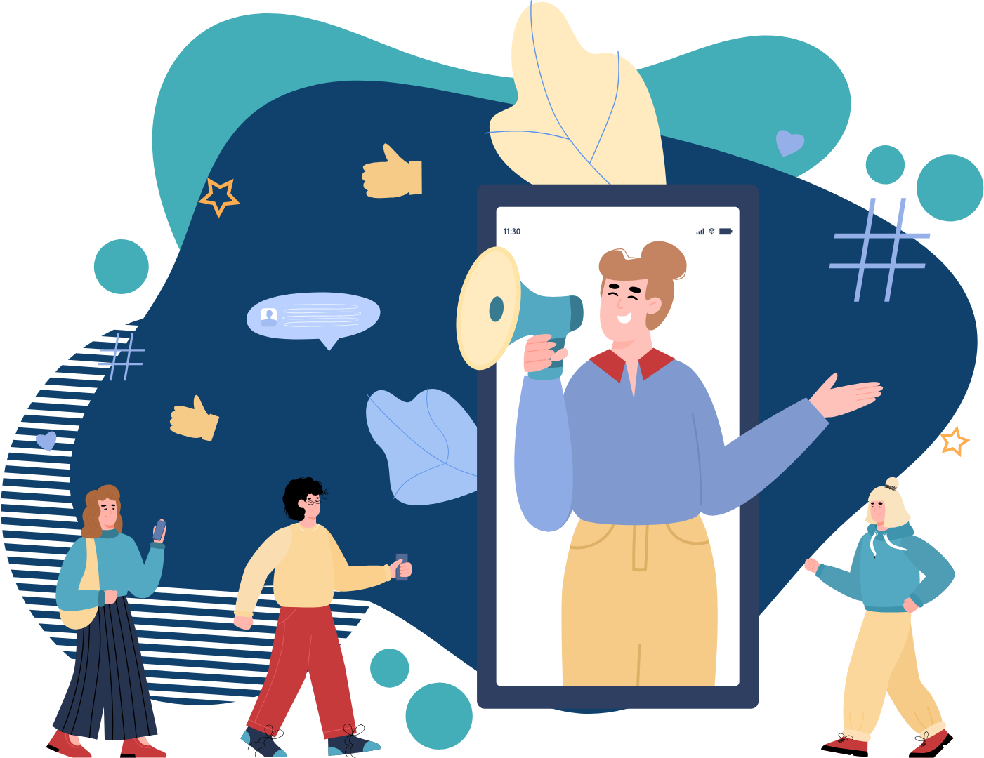 A colorful illustration of an influencer live streaming to an audience.