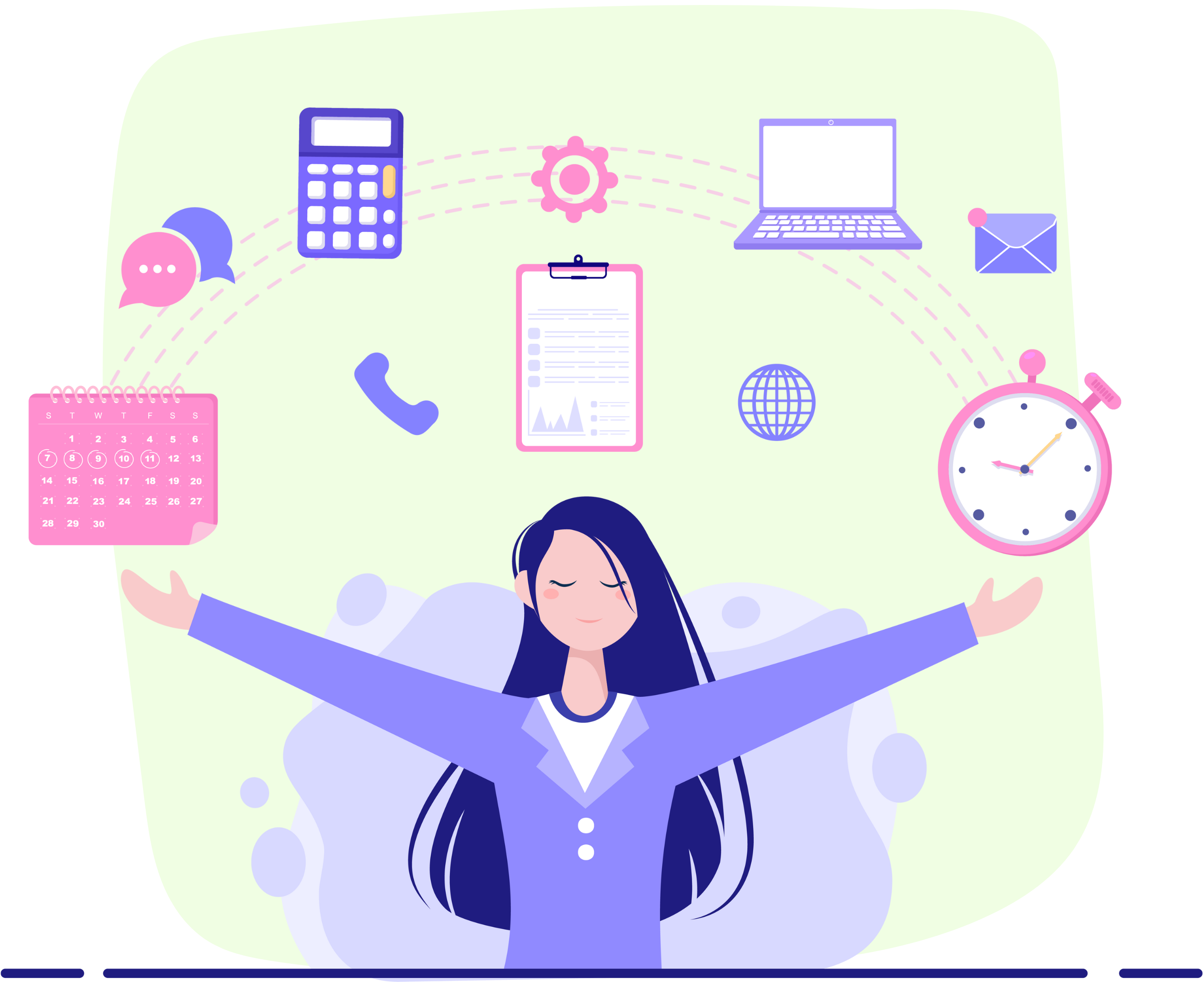 A colorful illustration of a long-haired woman juggling her studies, messages, emails, to-do list, and internet usage with ease.