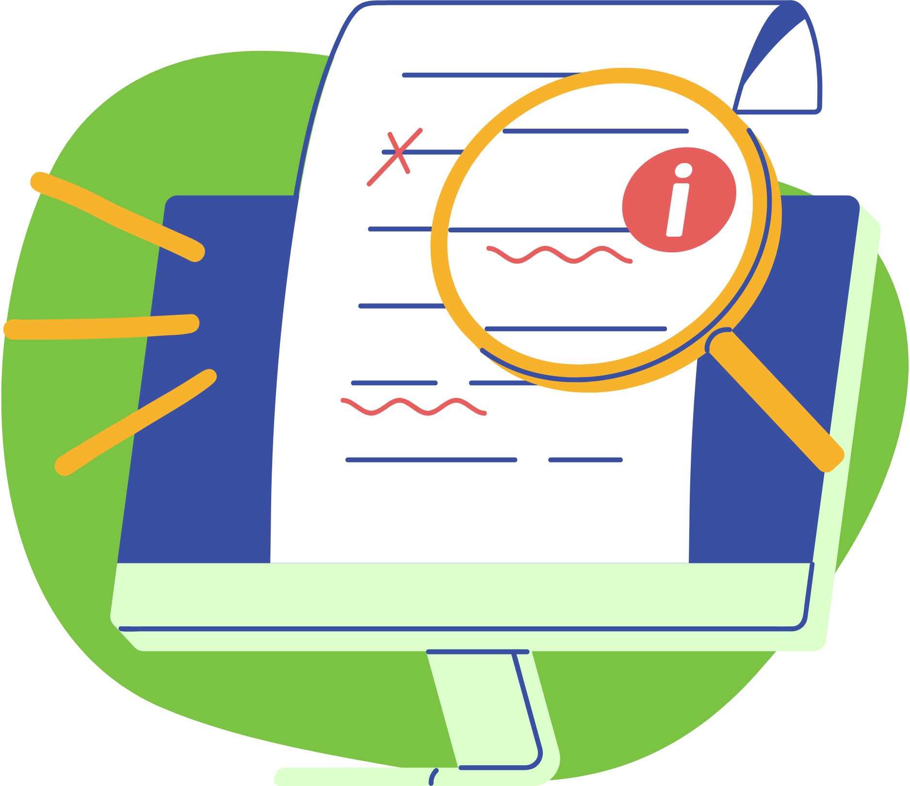 A colorful illustration of a computer screen with an essay displayed on it. A magnifying glass highlights the red editing marks on the essay.