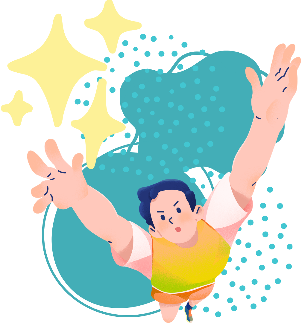 A colorful illustration of a boy with dark hair against a background made of abstract shapes reaching up towards a set of three sparkles representing AI.